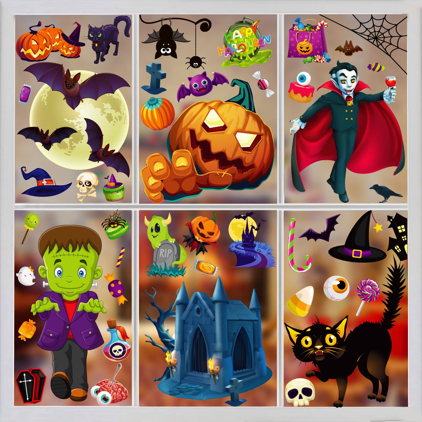 Decoration Halloween Fenetre, 141PCS Stickers Fenêtre Halloween, Autocollant Fenetre Statiques, Pvc Double Face Stickers,Comprend Sorcière, Citrouille, Chauve-Souris Sticker