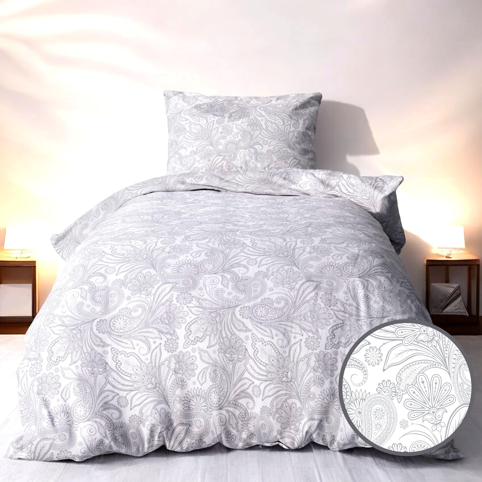 LINKHOFF Biber Bettwäsche 155x220cm + 80x80cm 2tl. - Zweigemuster in Grau Weiß - 100% Baumwolle - Bettwäsche-Set Aesthetic Blumen Floral Paisley