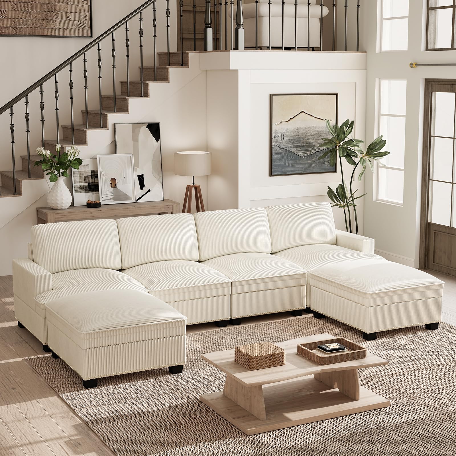 HAOMARKETS 120" Oversized Modular Sectional 4-Seat Sofa with 2 Storage Movable Ottomans, Soft Corduroy Upholstered U-Shaped Couch with Nailhead Trim, Stable Legs for Living Room, Beige