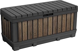 Signature Collection 92 Gallon Resin Deck Box Organization and Storage Box for Patio Outdoor Cushions, Throw Pillows, Garden Tools and Pool Supplies, Walnut