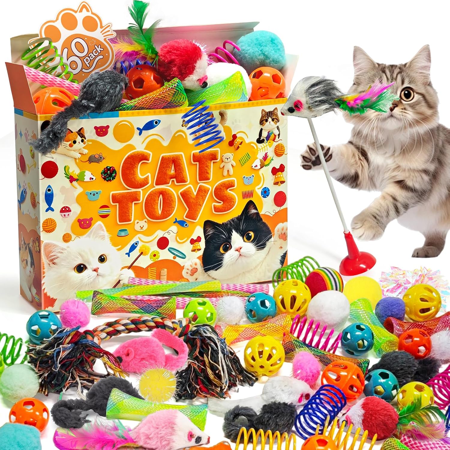 QUOZUO 60PCS Cat Balls Springs Toys Set, Kitten Ball Toy with Bells Cat Mouse Toy, Sparkle Crinkle Balls Furry Soft Pom Pom, Interactive Cat Toys for Bored Indoor Cats, Gift Box Styles