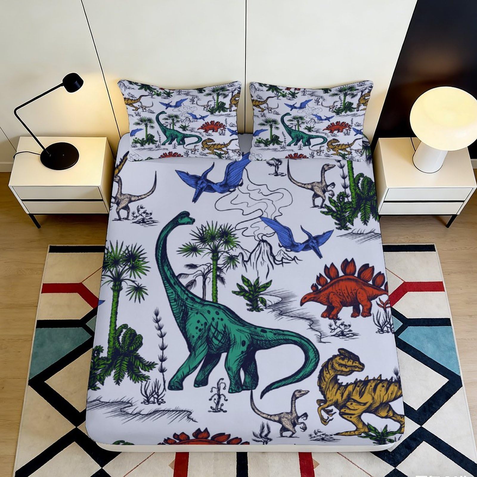 3D Printed Dinosaur Jungle Fitted Sheet Microfiber Soft Anti-Slip Volcano World Mattress Cover for Bedroom Dorm Mattress Decoration 140x200x25cm