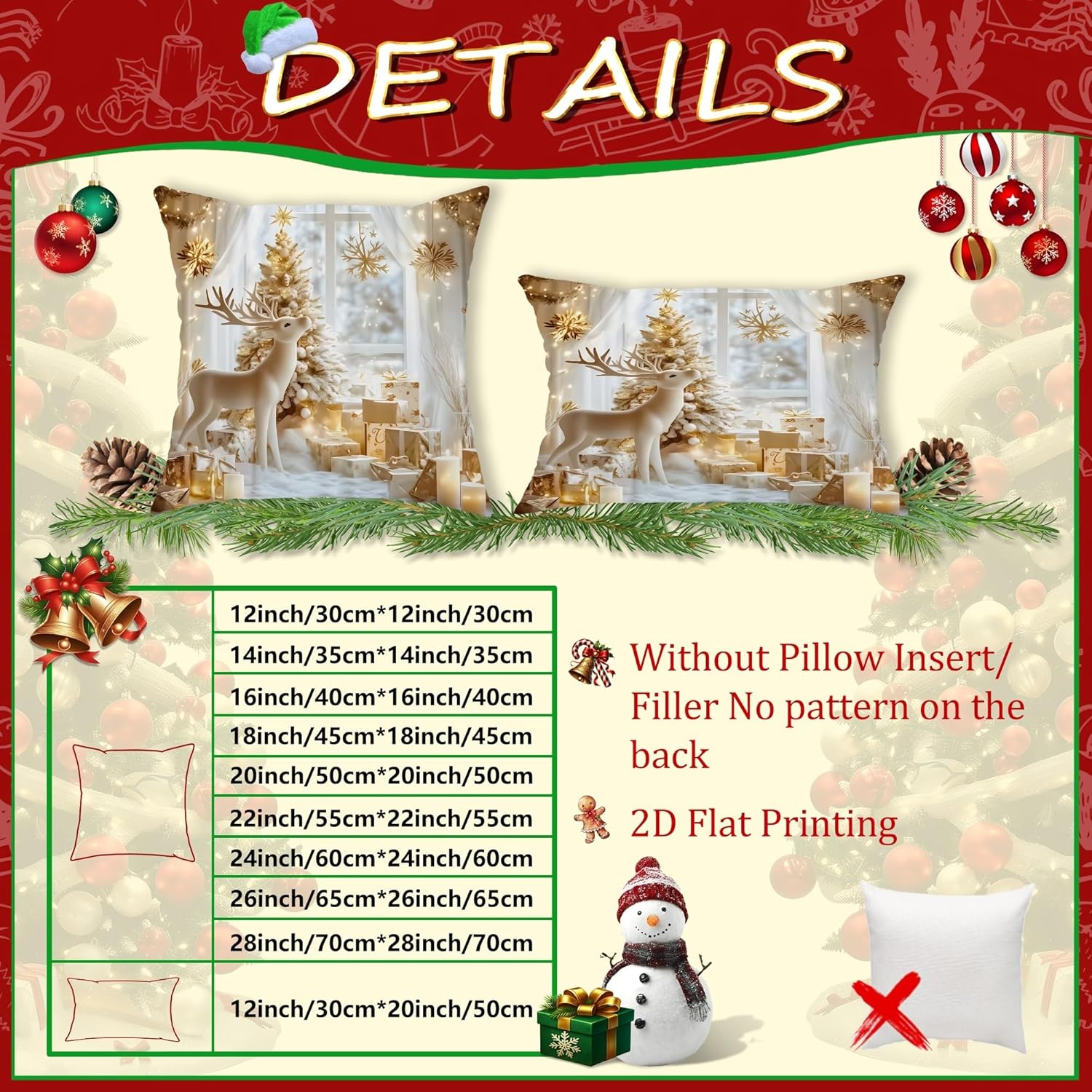 Reindeer Throw Pillow Covers Set of 2, Winter Festive Christmas Tree Snowflakes Christmas Gold Soft Velvet Washable Pattern Pillow Covers for Living Room Apartment Bed Sofa Decor 24x24 Inch