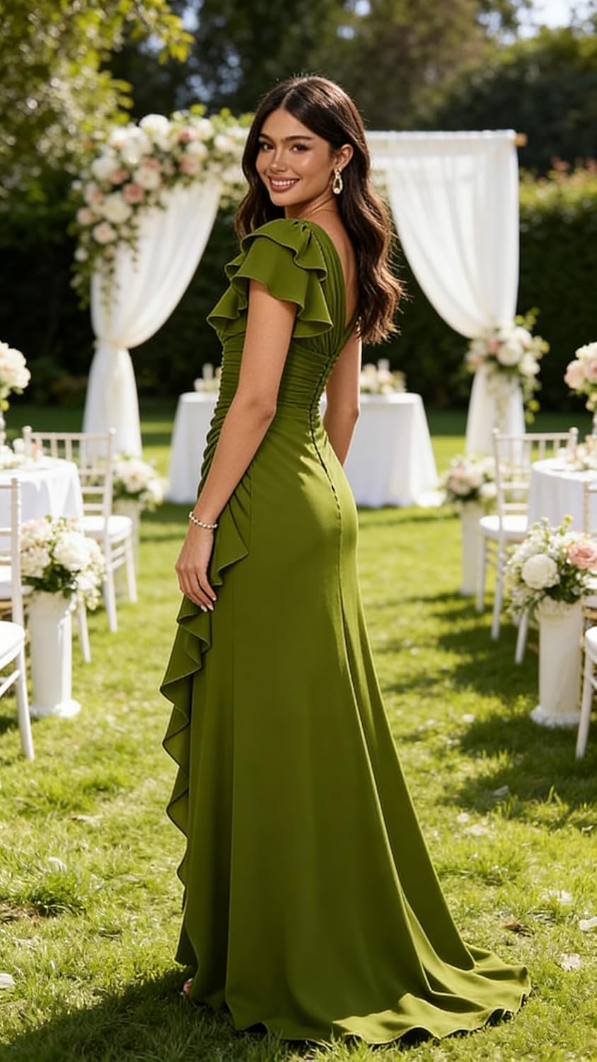 Long Chiffon One Shoulder Wedding Guest Dress Corset Ruffle Bridesmaid Dresses for Women