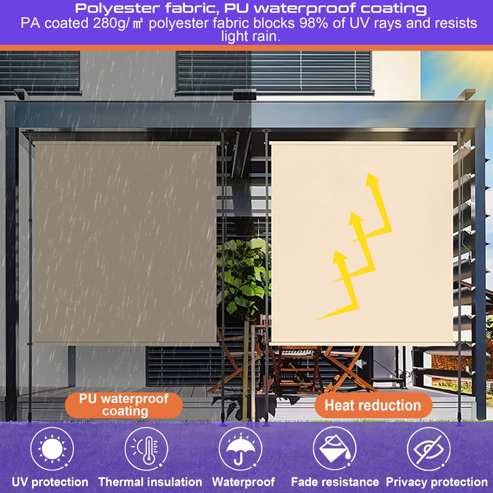 Wysuwane patio z regulacją wysokości, rolety zewnętrzne z ręczną korbą, wodoodporna tkanina blokująca promienie UV, na taras, podwórko, balkon, zaciemniająca, biało-szara, 150 cm