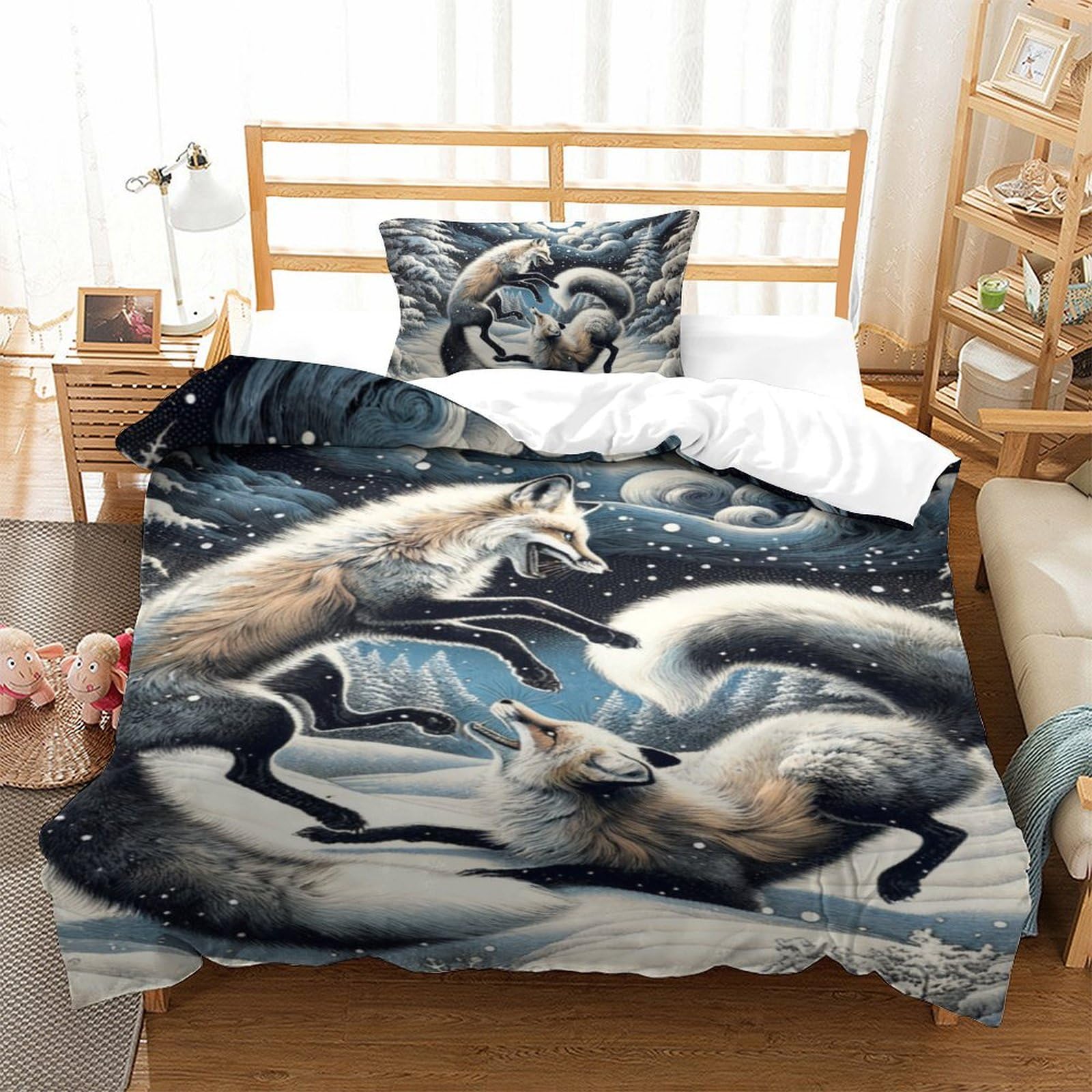 Housse de couette renard 3D avec ses taies pour lit simple 135x200 cm