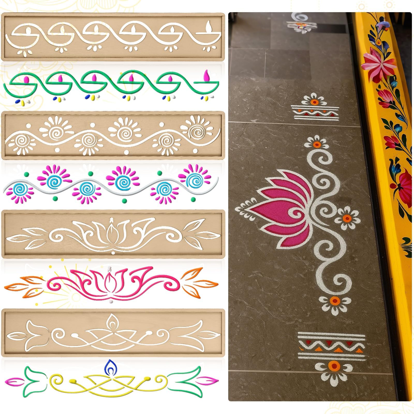 Stencil Rangoli in Legno Set 4 Pezzi Modelli Decorativi Mandala Fiori Riutilizzabili per Pittura Decorazione Pavimento