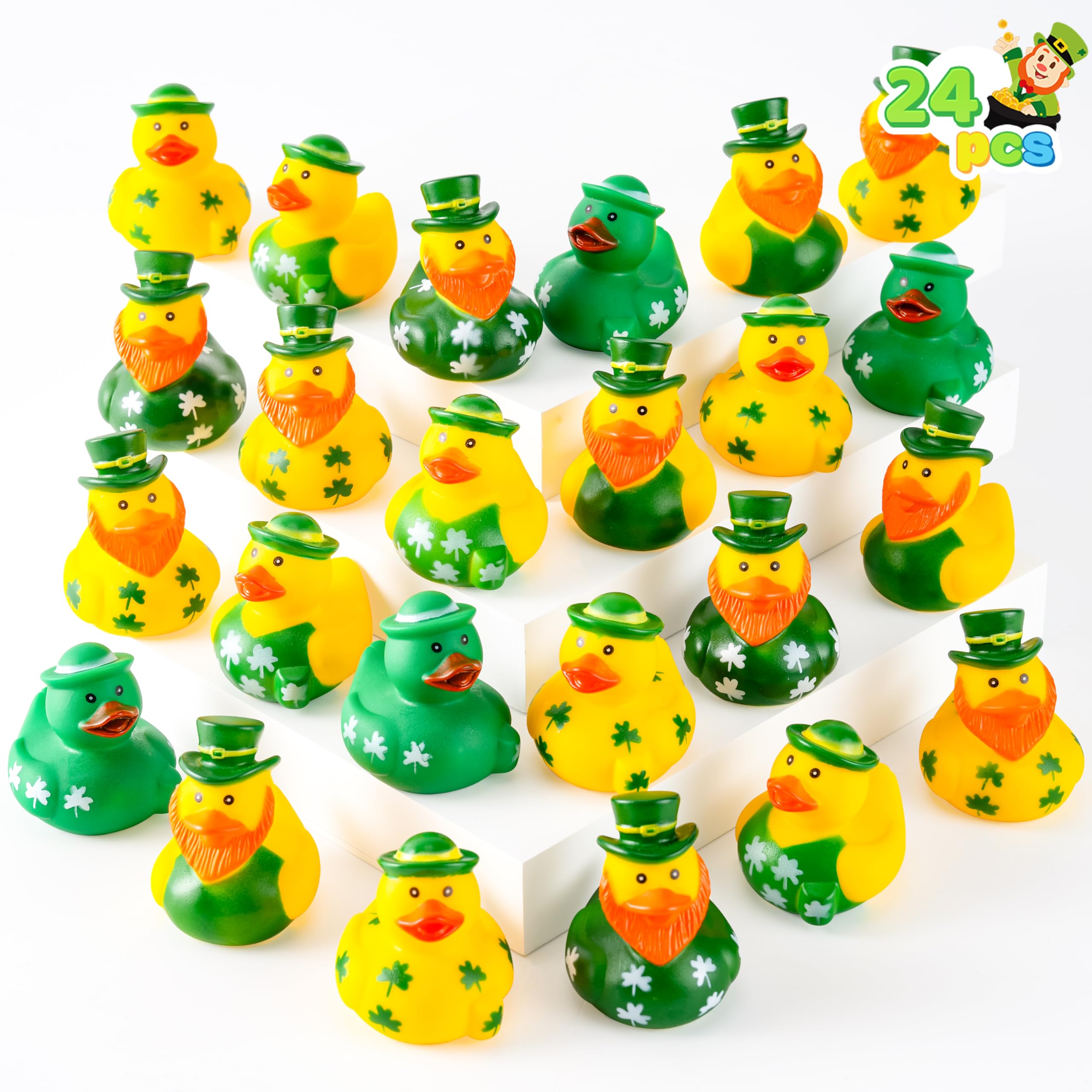 JOYIN 24 Pcs St.Patrick's Day Rubber Ducks, Green Rubber Lucky Ducks with Hats & Shamrock Patterns, Small Kid Bath Toys, St Patrick Gifts for Kids, Party Favors & Decorations