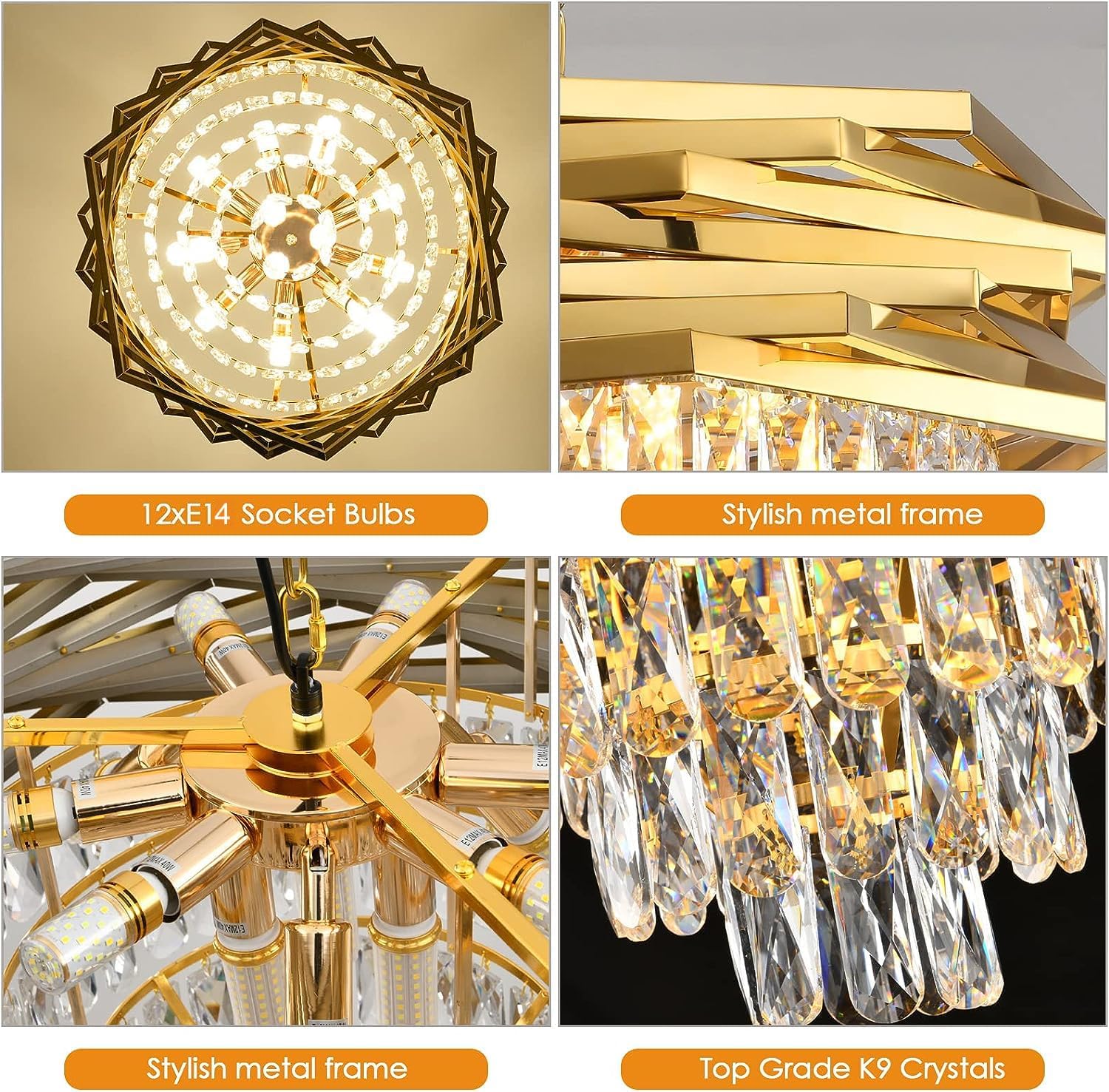 Lampadario di cristallo moderno Lampadari rotondi da 60 cm in oro per sala da pranzo K9 Lampadari a sospensione a soffitto a 5 livelli Lampadario grande da incasso per soggiorno Ingresso Foyer Scala