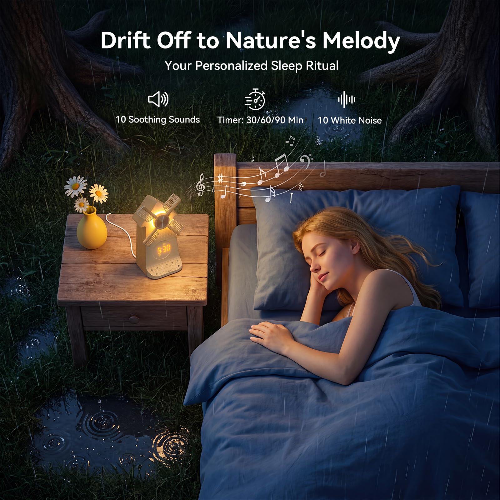RETEYUNG Despertador Molino Viento Giratorio Amanecer, Puerto Carga USB | Reloj Despertador, Luz Nocturna, Alarma LED con Función Snooze, 20 Sonidos Relajantes, Regalo para Niños y Adultos