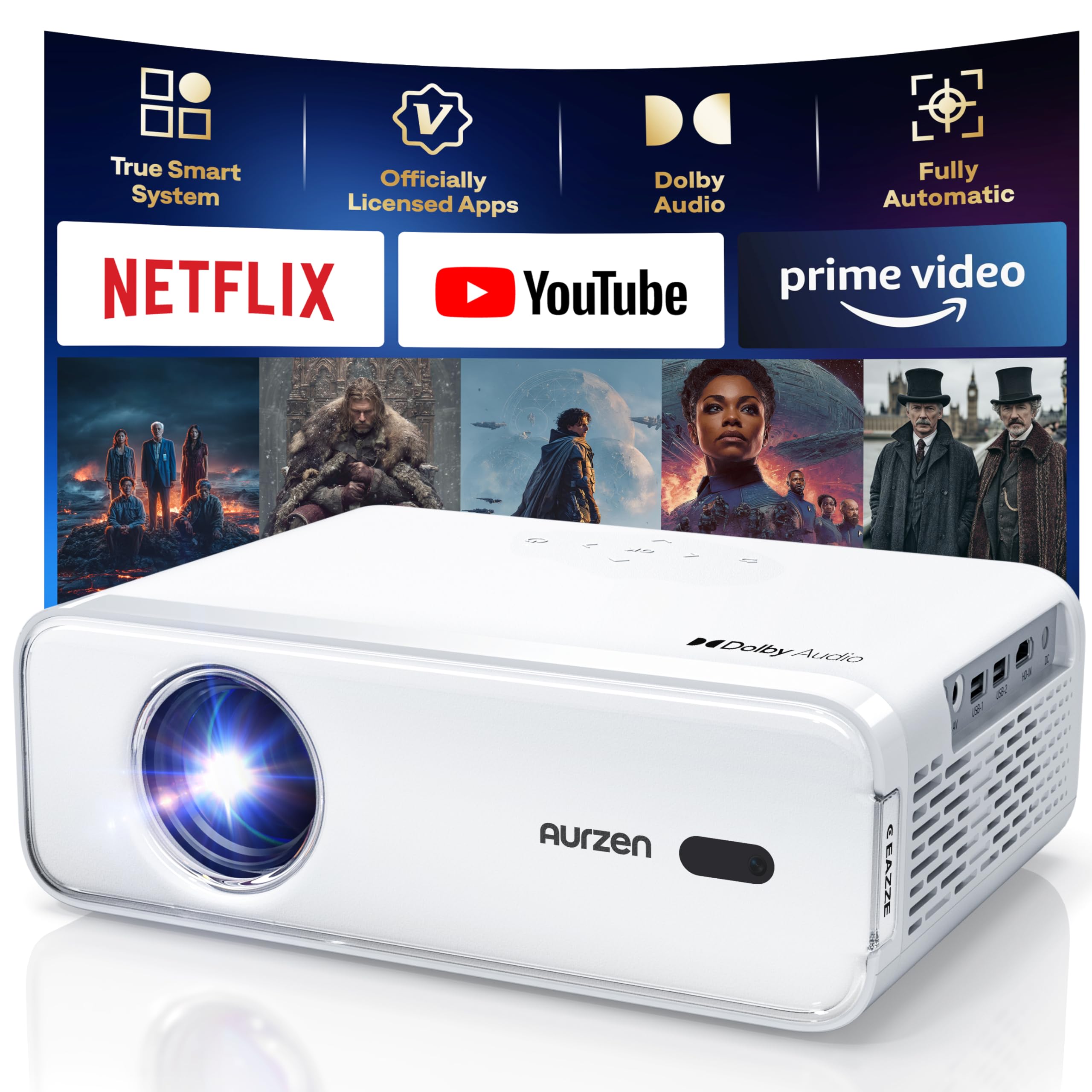 Aurzen EAZZE D1 Smart Projector with WiFi and Bluetooth, Netflix-Officially-Licensed, Auto Focus & Keystone, DoIby Audio, Native 1080P Movie, Portable Outdoor Mini Projector, White