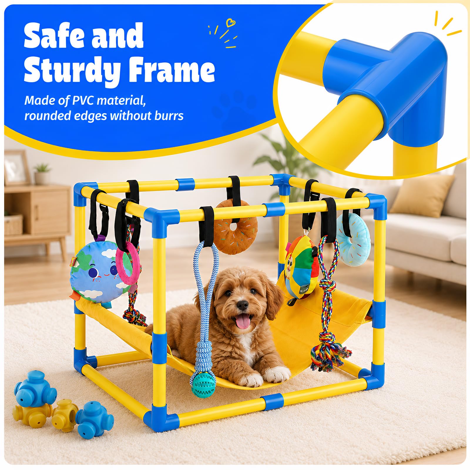 Parco giochi per cuccioli con 8 giocattoli da appendere | Struttura da gioco per cani di piccola taglia, con telaio in PVC, amaca per calmare e addestramento