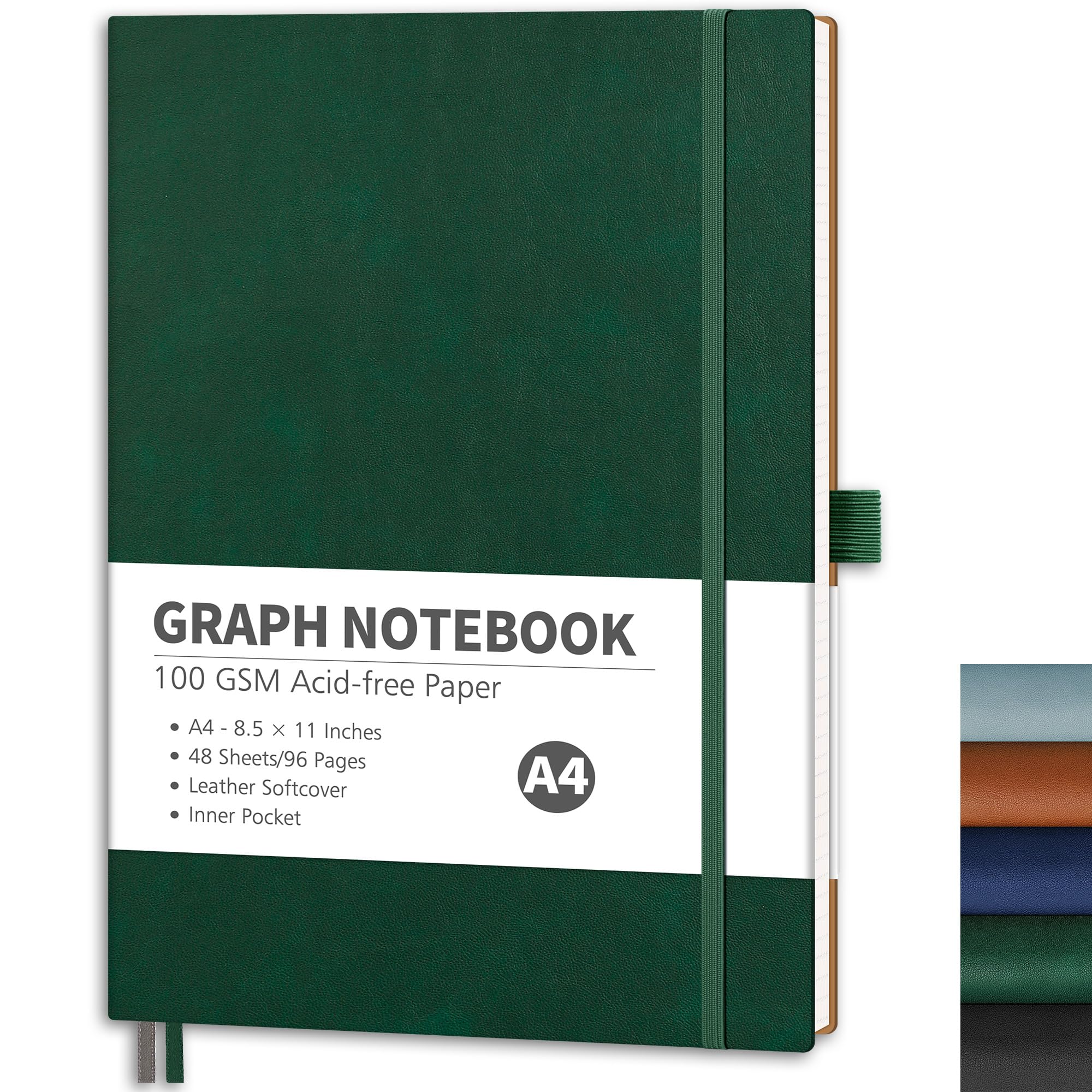 RETTACY Graph Grid Paper Notebook, 96 Pages, A4 Large Size (8.5'' x 11''), 5 Squares per Inch, Leather Softcover, 100 GSM Thick Paper, for School, Students, Math, Engineering (Dark Green)