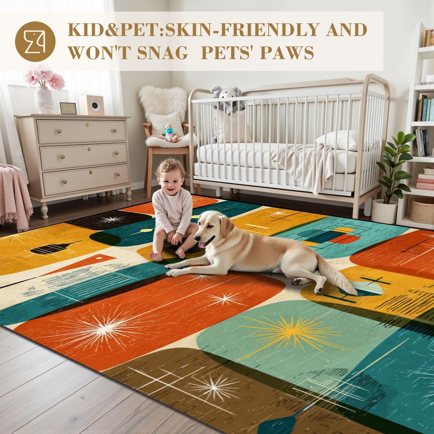 Large Washable 6x9 Living Room Area Rug, Retro Atomic Futurism Seamless Mid Century Modern Art Non-Slip Backing Carpet for Bedroom Dining Table Rug Soft Rug for High Traffic Area