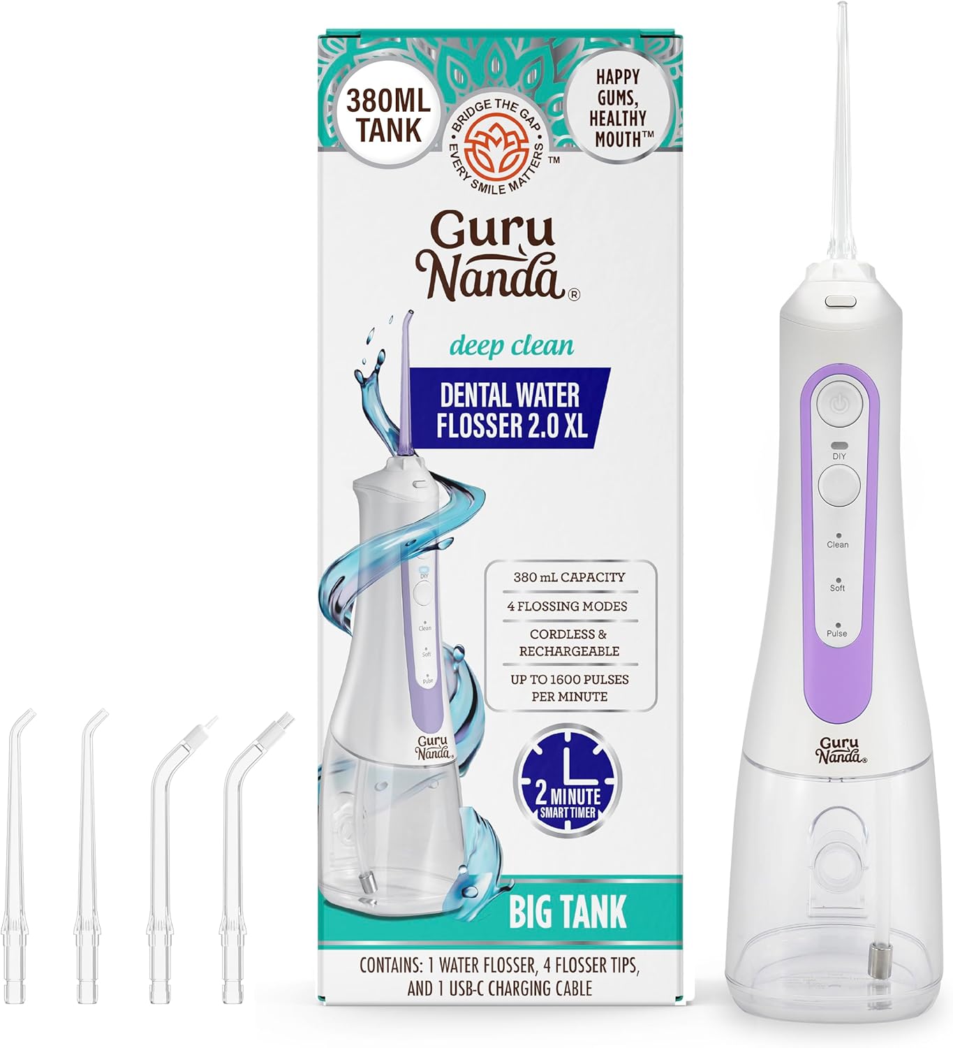 GuruNanda Water Dental Flosser 2.0 XL – 380ML Large Tank, 4 Flossing Modes, Cordless & Portable with Smart Timer for Deep Cleaning & Happy Gums – Lavender GuruNanda Water Dental Flosser 2.0 XL – 380ML Large Tank, 4 Flossing Modes, Cordless & Portable with Smart Timer for Deep Cleaning & Happy Gums – Lavender