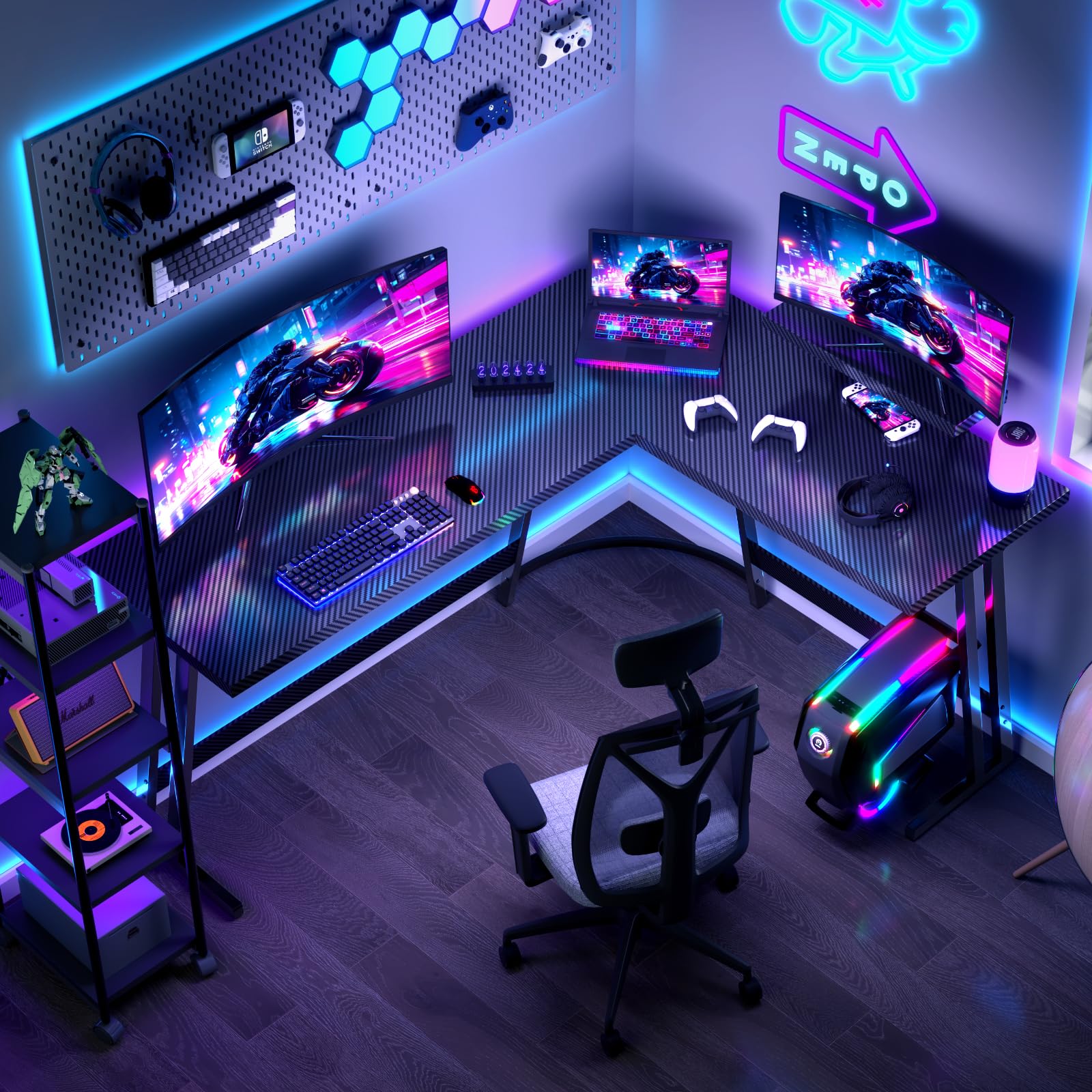 JUMMICO Escritorio Gaming de Esquina 170 x 130cm, Mesa Gaming en L con Soporte para Monitor, Mesa Gamer de Fibra de Carbono, Negro