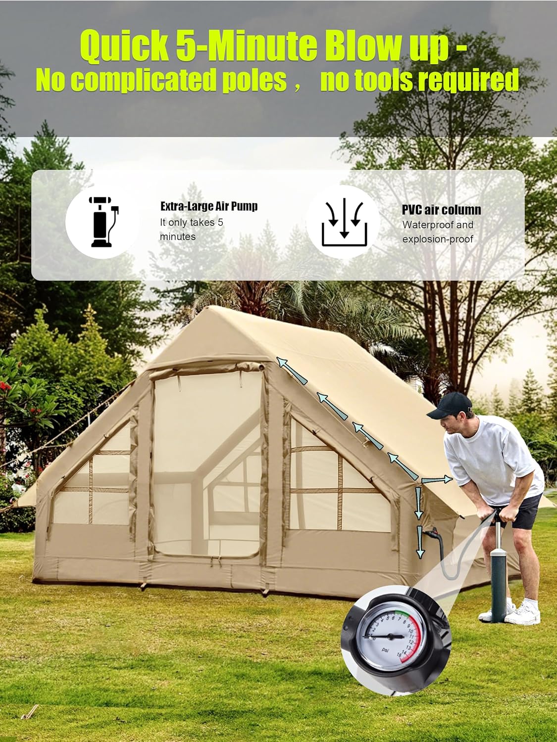 inflatable tents for camping - easy blow up glamping tent with hand pump, waterproof pvc air inflatable tent house for family weekend camping beige003