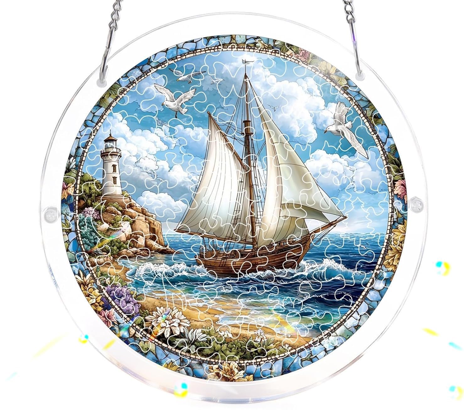 Sailboat- Acrylic Jigsaw Puzzles Suncatcher, 8.2 Inch Window Hanging Suncatcher Acrylic Puzzle, DIY Home Decor Art Gift