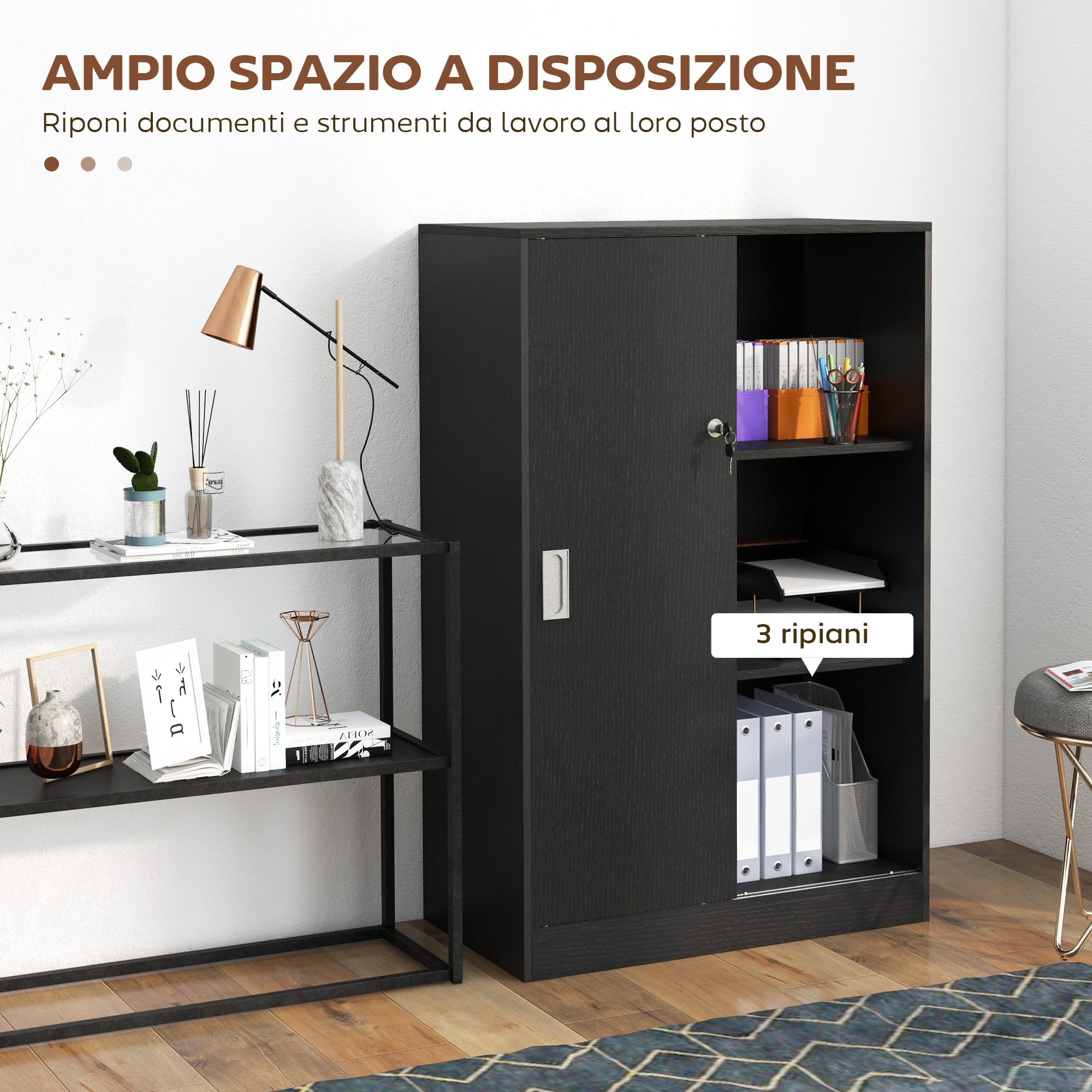 HOMCOM Armadietto da Ufficio a 3 Ripiani e ad Anta Doppia, Mobiletto Armadio da Ufficio in Legno, Mobiletto Multiuso con Chiusura e 2 Chiavi di Sicurezza per Studio, Garage e Soggiorno, Nero