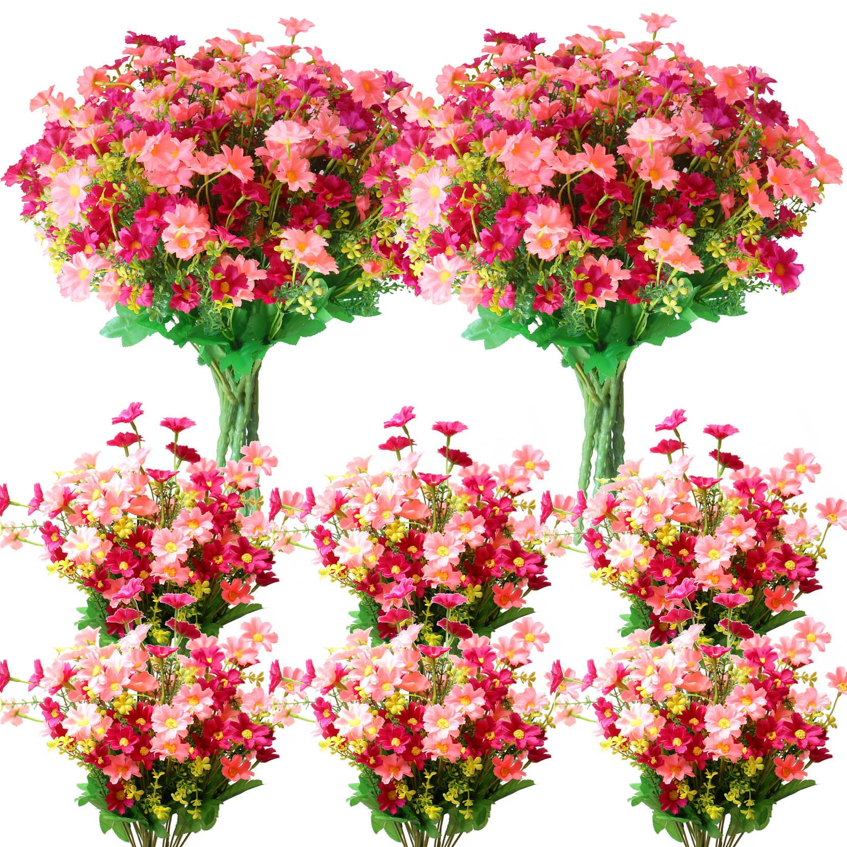 12 Bundles Outdoor Artificial Daisy Silk Flowers Fake Wildflowers UV Resistant Faux Flowers Plastic Plants Greenery Floral Arrangement for Indoor Pot Vase Graves Window Box Outside (Pink)