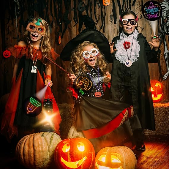 YumSur Halloween Party Favors Set, 36 pcs Necklaces, LED Finger Lights, Costume Glasses with Bats Ghost Pumpkin for Adventure Activities Party(Halloween)