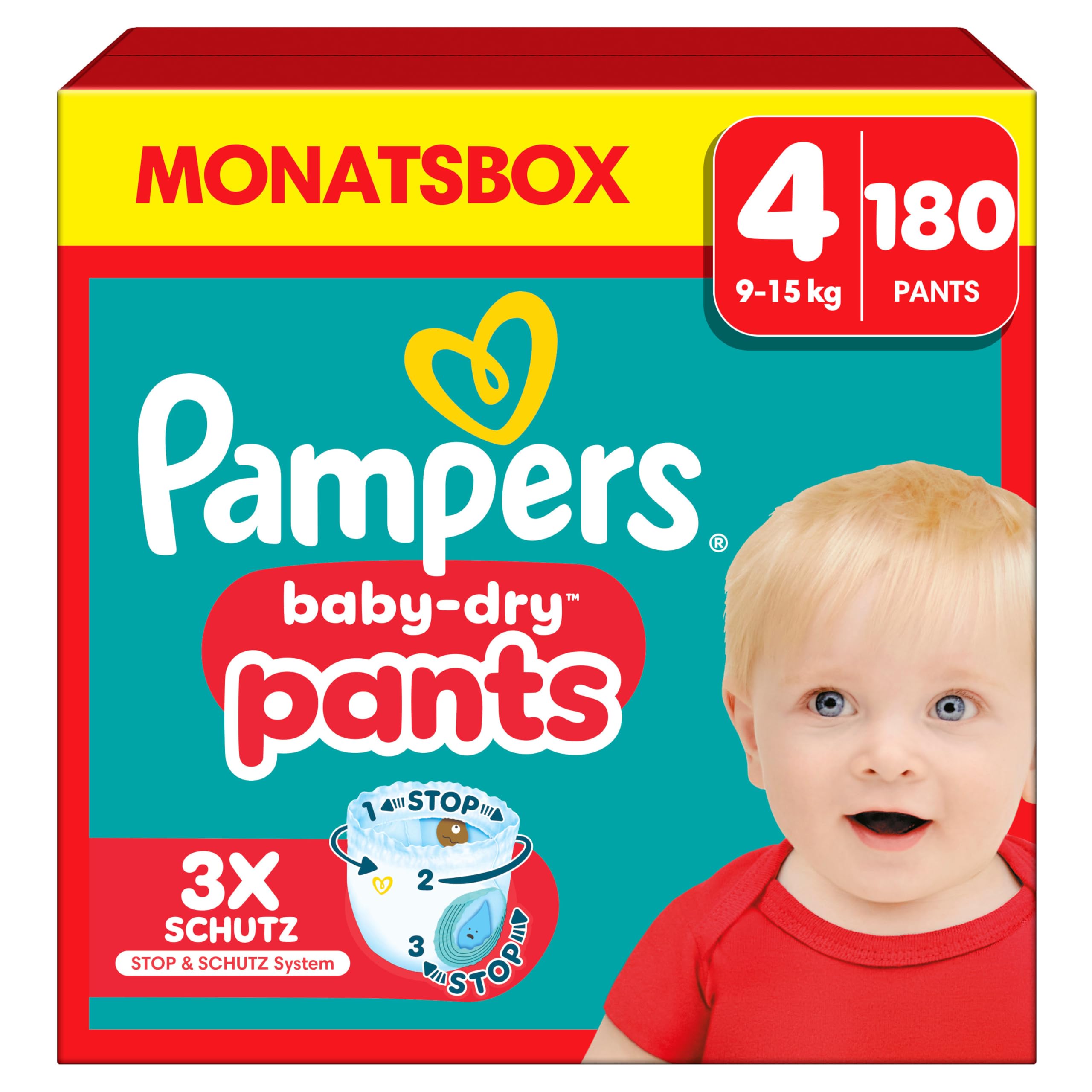 Pampers - Pañales para bebé, talla 4 (9-15 kg), 180 pañales, paquete de 1 mes, mantenimiento de 360 grados, fácil de cambiar, ahora con más pañales