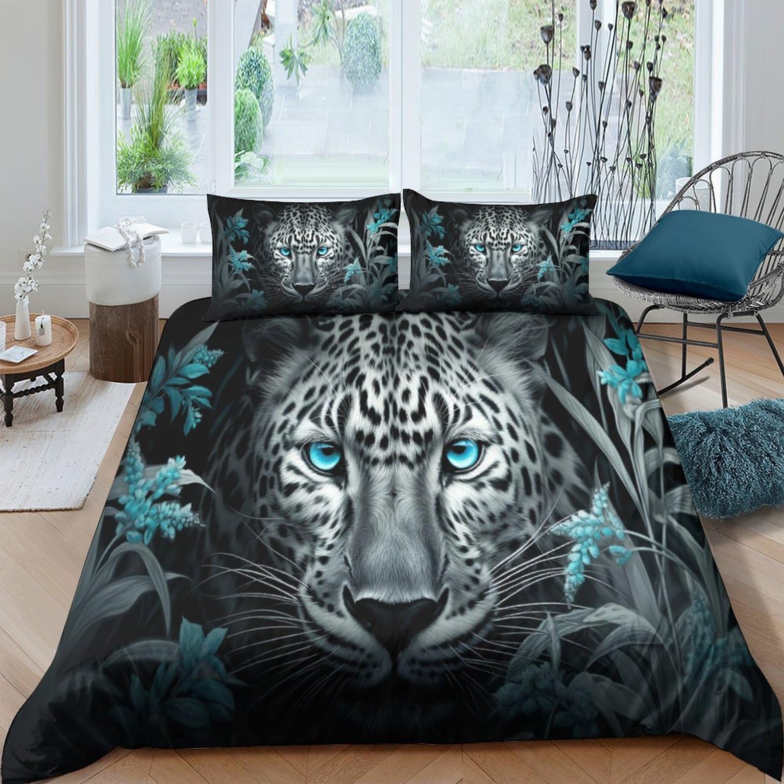 Crjus Style-19 Blue Leopard Duvet Cover Bedding Set,Animal 3D Duvet Cover With Pillowcases, For Soft Microfiber Quilt Cover With Zipper Closure 3 Piece Set Double（200X200cm）