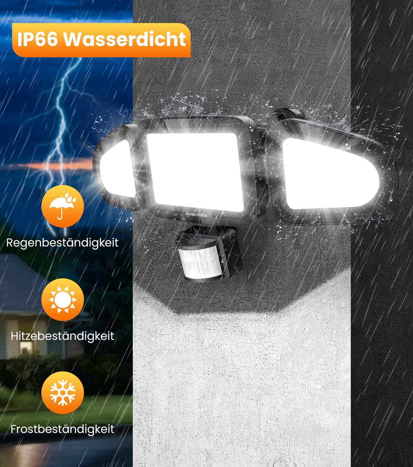 MEIKEE Reflektor LED z czujnikiem ruchu, 42 W, 4200 lm, reflektor zewnętrzny IP65, światło reflektorowe 6500 K, trzy głowice, regulacja 180°, światło bezpieczeństwa do garażu, ogrodu, na taras, podwórko