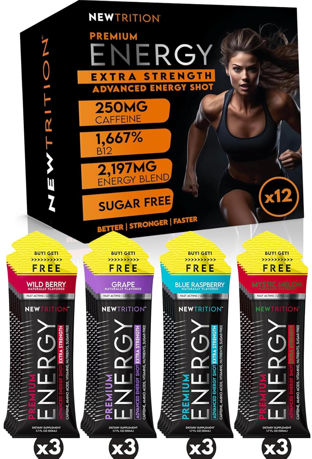 NewTrition® Extra Strength Energy Shots 1.7 fl oz - 250mg Caffeine with B Vitamins & Amino Acids, Sugar-Free Zero Calorie Vitamin Energy Drink for Focus & Endurance (Pack of 12, 4 Flavors - Mixed 1) - Image 7