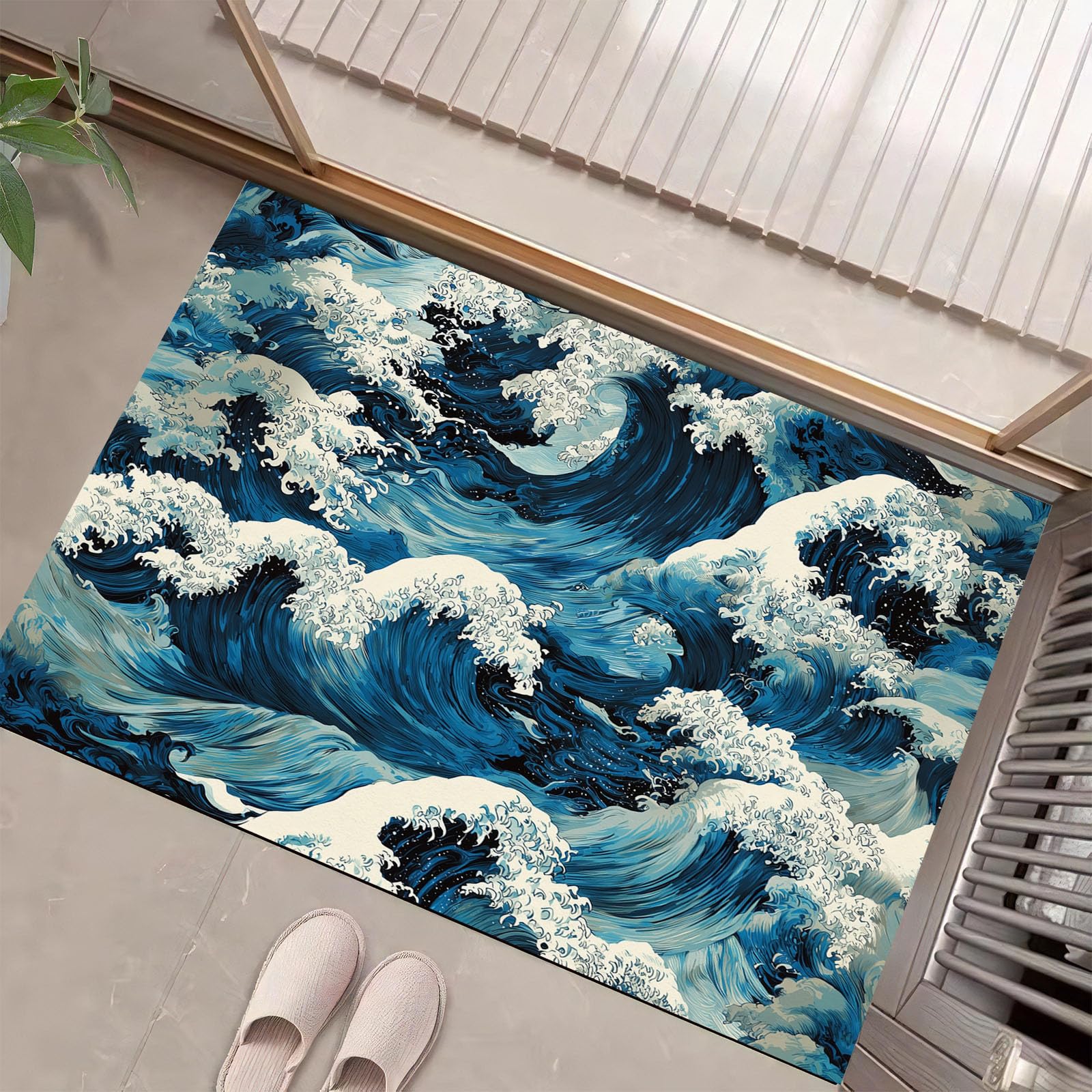 Paillasson Bleu Marine Résistant et Facile à Nettoyer | Tapis Vagues Kanagawa