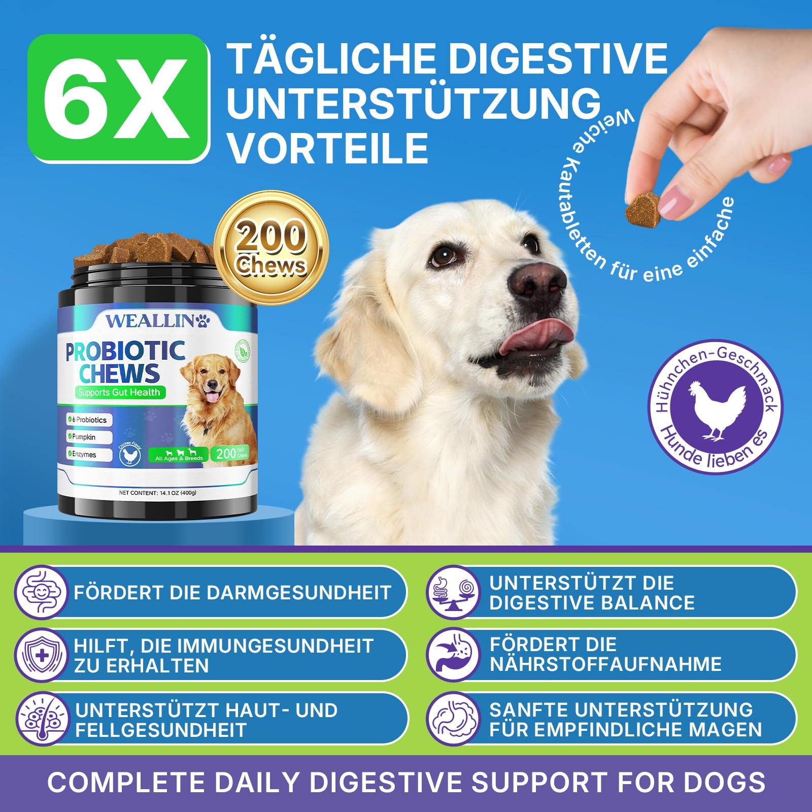 WEALLIN Probiotika für Hunde, Präbiotika für die Darmgesundheit – Unterstützt die Verdauungsgesundheit und die Nährstoffaufnahme – 200 Weiche Kaudrops zur Unterstützung der Hautgesundheit