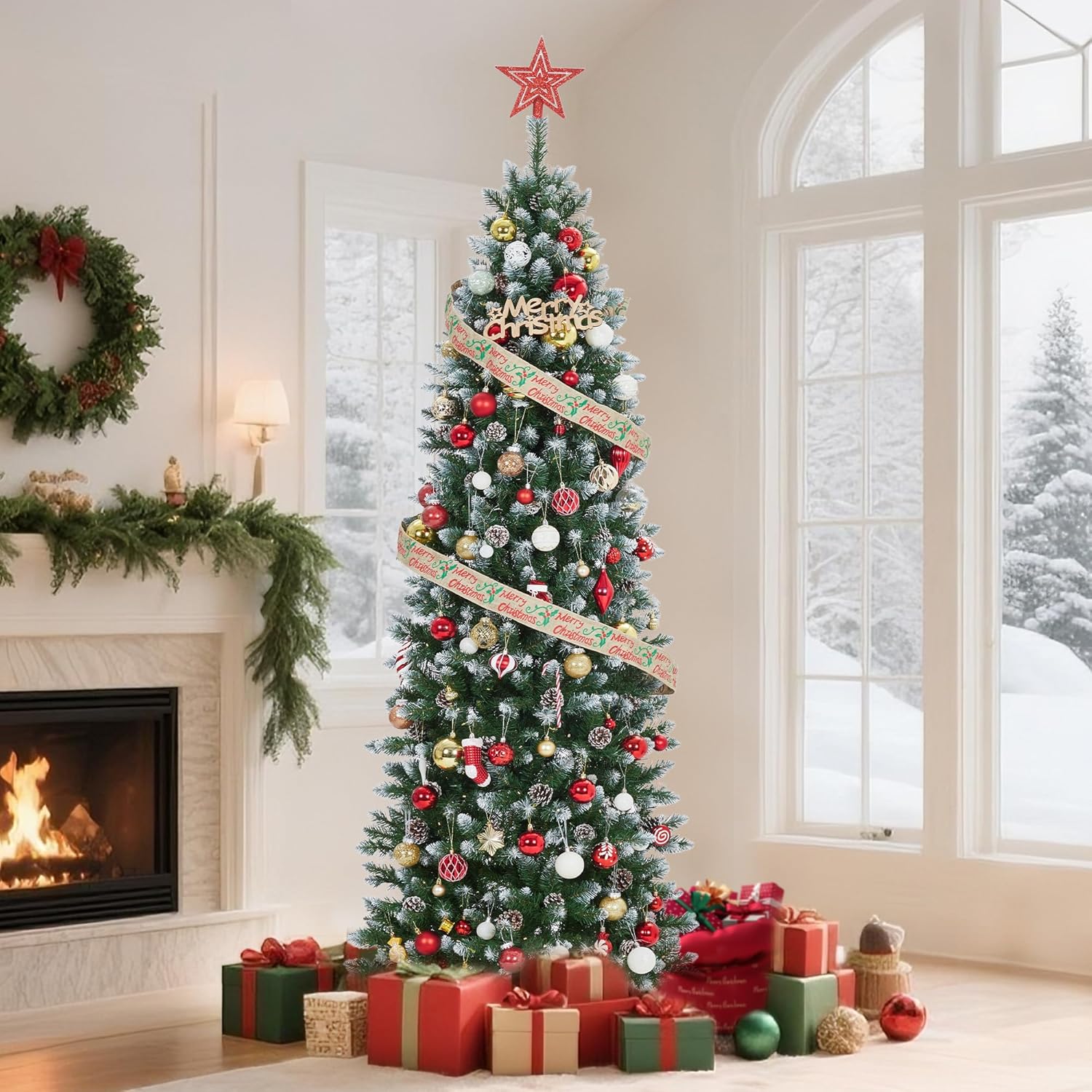 GarveeHome Pencil Christmas Tree Pre-lit Slim Holiday Decoration, Skinny Décor LED Lights, Metal Stand,Xmas Tree for Room, Bedroom, Apartment, Outdoor Porch, Office (Green and White, 6FT)