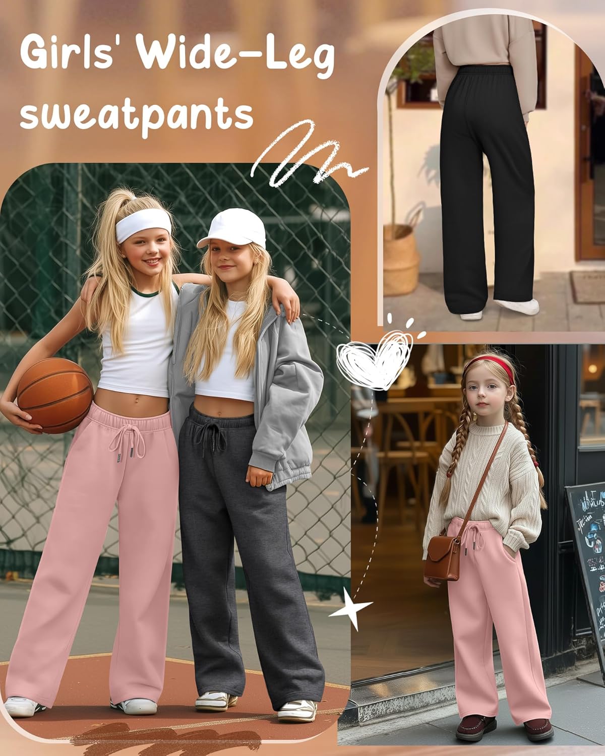 3 Pack Girls' Sweatpants Wide Leg Drawstring Casual Kids Joggers Open Bottom Loose Solid Teen Pants with Pockets - Image 3