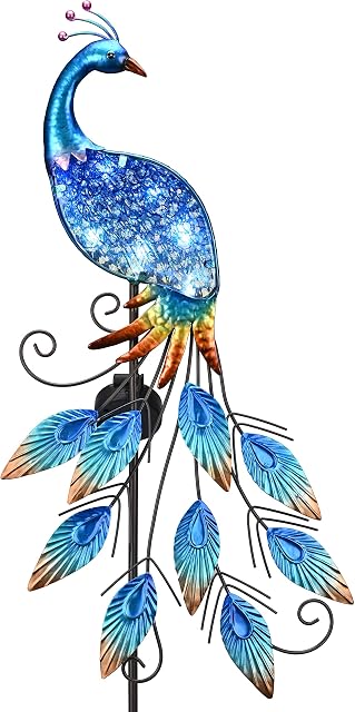 TERESA'S COLLECTIONS 102cm Metal Peacock Solar Lights for Garden Ornaments Outdoor, Garden Solar Powered Bird Stake Lights with Waterproof Glass, Garden Gifts for Patio Yard Pathway Decoration