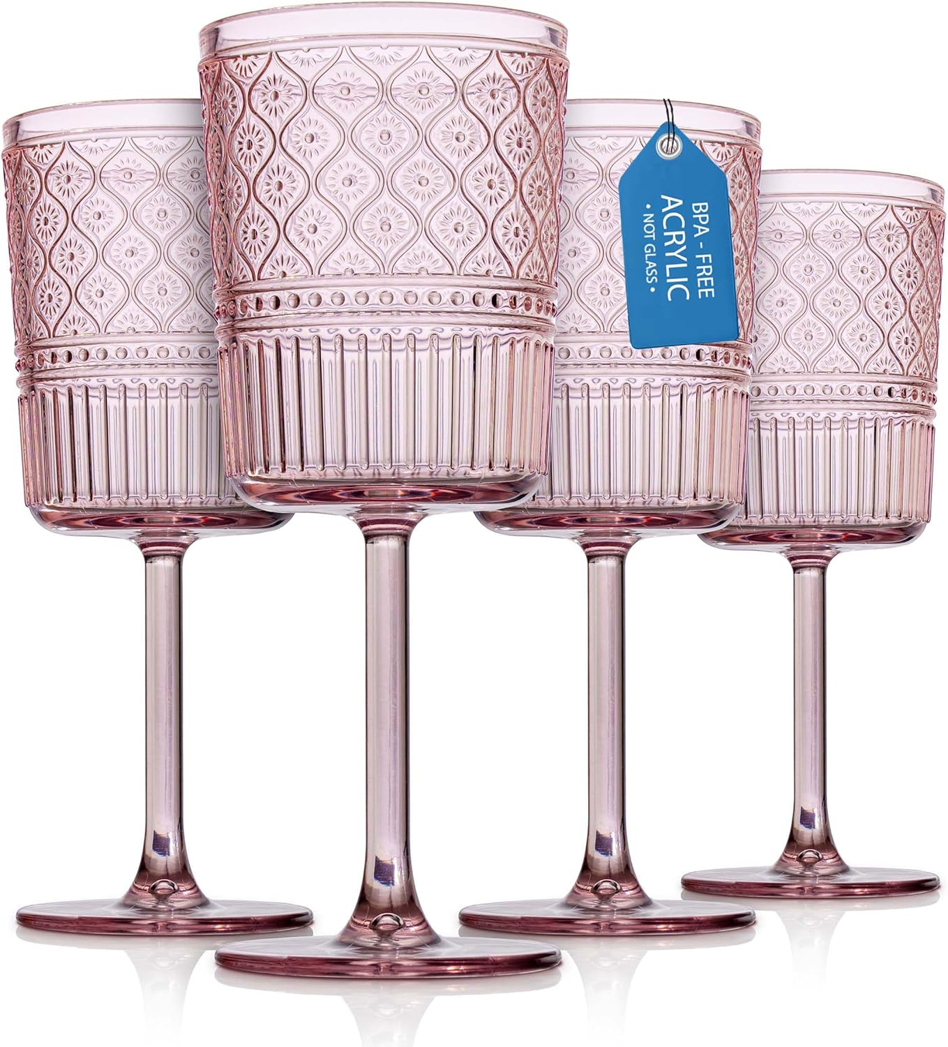 Godinger Wine Glasses, Acrylic Wine Glass Cups with Stem, Red Wine Glasses, Plastic Drinking Glasses, Vintage Romantic Decor - Clear, Set of 4 (Blush)