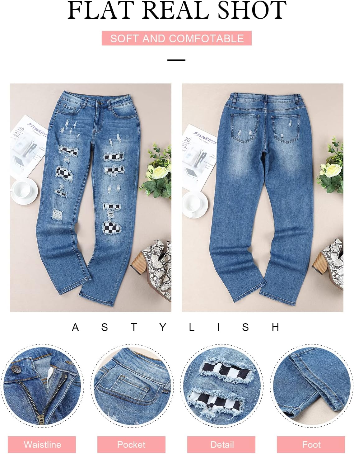 Astylish Womens Soccer Patchwork Destroyed Stretch Loose Boyfriend Jeans Classic Ripped Hole Denim Pants Blue X-Large - Image 4