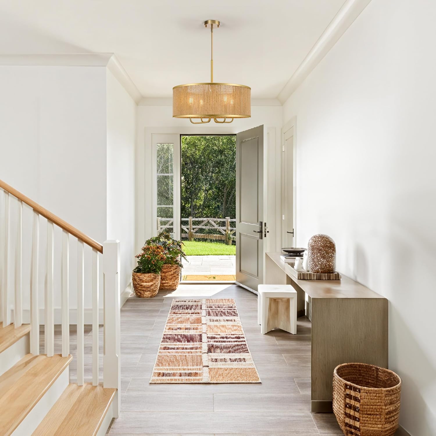 LamQee 20" Farmhouse Rattan Chandeliers with Natural Jute Rope Shade, 4-Lights Boho Drum Pendant Light Hand Woven, Rustic Ceiling Hanging Lighting Fixture for Dining Room Kitchen Island Entryway Foyer