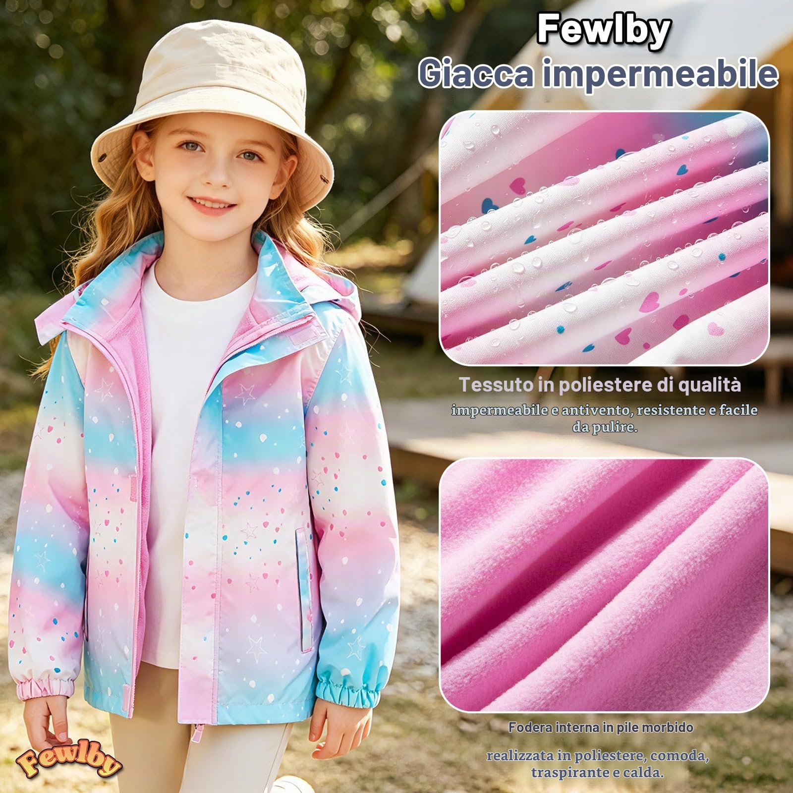 Fewlby Giacca Impermeabile con Cappuccio - Ragazze Impermeabile con Cappuccio Giacca a Vento Bambini Cappotto Foderato in Pile Bambini Capispalla 9-10 Anni