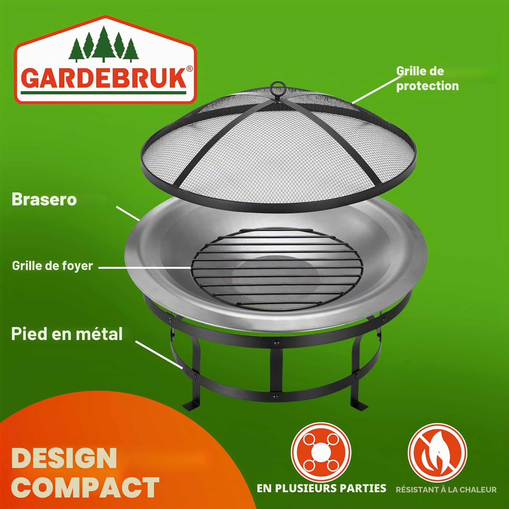 GARDEBRUK® Brasero de Jardin Rond 75 cm Acier Inoxydable avec Couvercle extérieur Jardin Grille Projections d'étincelles