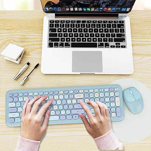 Vista 146 de Combo de teclado y mouse inalámbricos, colorido teclado ergonómico de tamaño completo con diseño retro, silencioso, con teclas bonitas, compatible