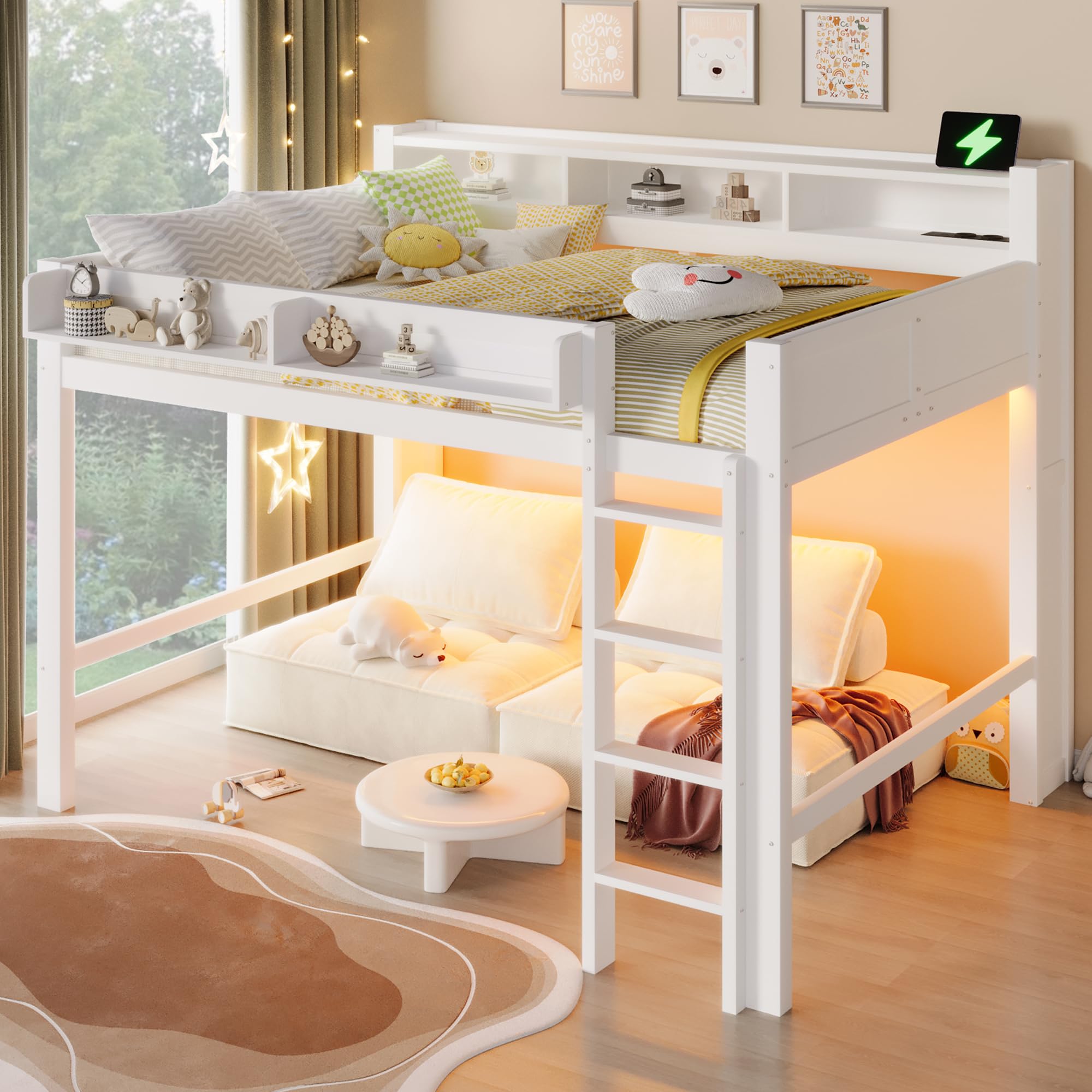 Lit Superposé Enfant 140x200cm avec éclairage LED et Port USB,Lit Mezzanine 2 Place en Bois avec rangements,Garde Corps,lit Jeune duoble,Cadre de lit Double,sans Matelas,Blanc