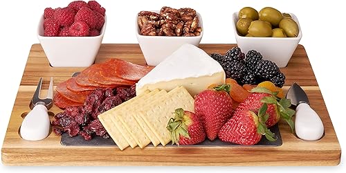 Twine Juego de tablas de queso de acacia y pizarra, cuencos y cuchillos de charcutería, bandeja de queso de pizarra para quesos de madera, juego de disponible en Yaxa Colombia