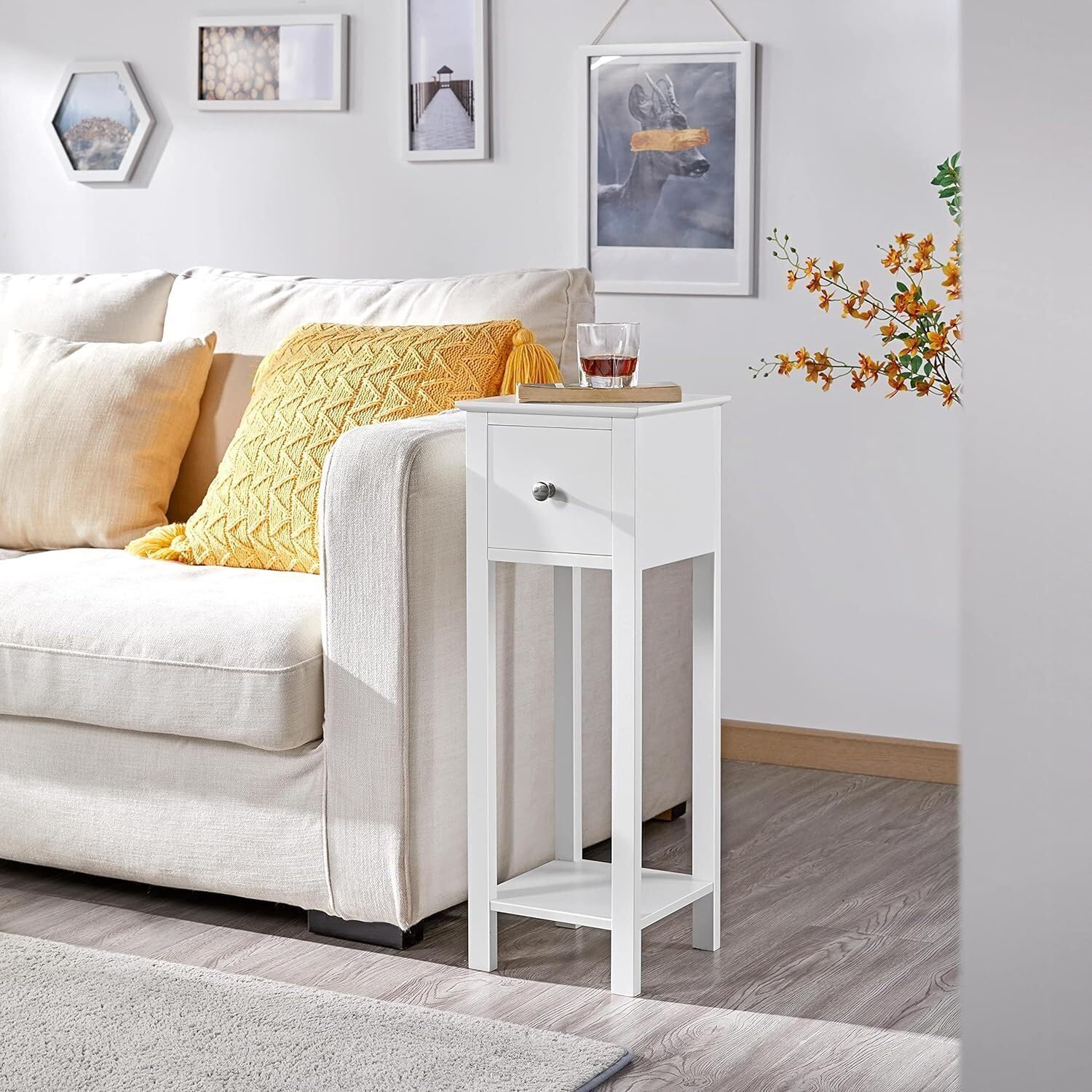 UNITEK FURNITURE Astapor Bedside Table with Drawer Storage End Tables Night Stand Solid Wood Table (Finish Color - White)-image-14