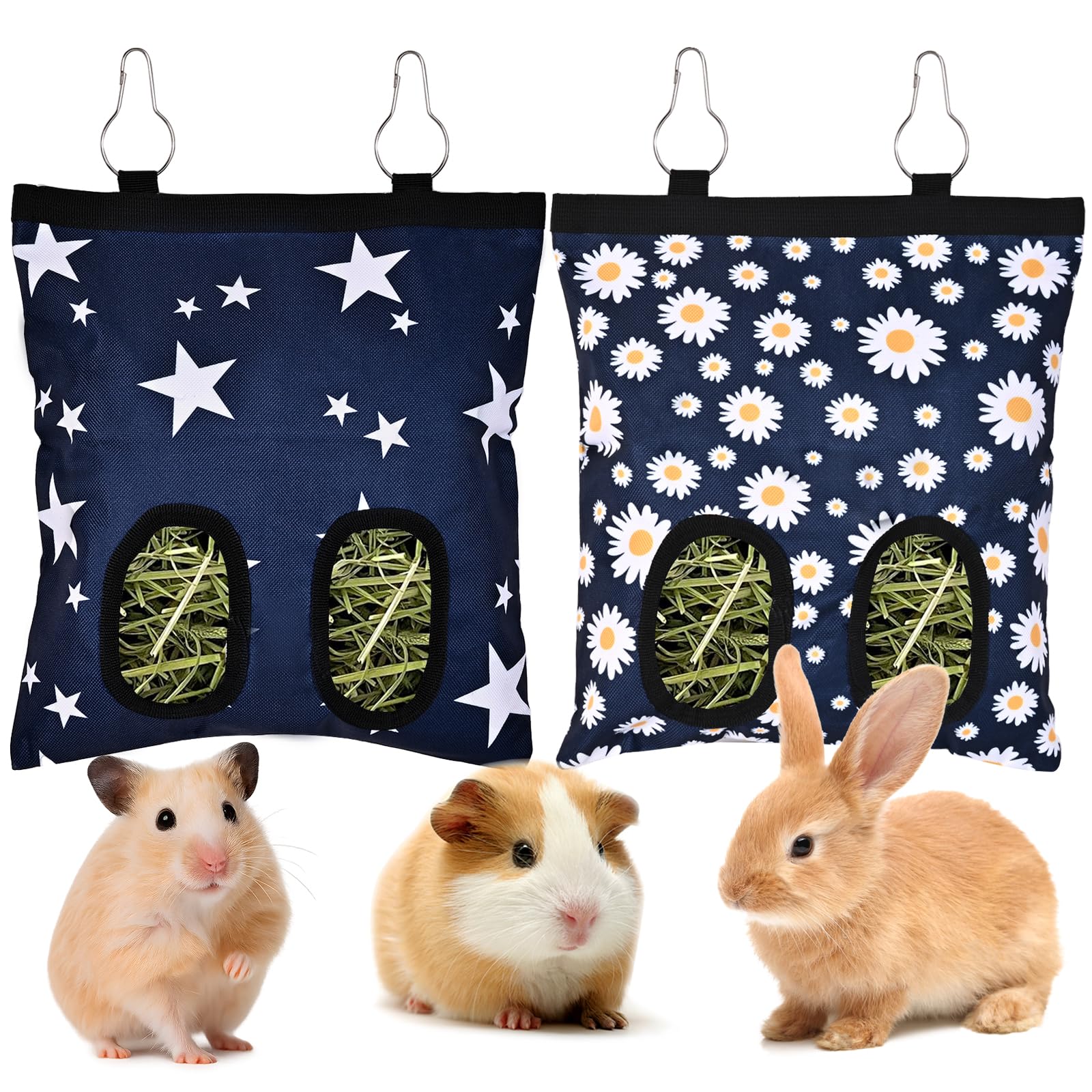 Upgraded Rabbits Hay Feeder Bag for Bunny, Guinea Pigs, Chinchillas - Hanging Washable 2-Hole Hay Dispenser with 600D Oxford Fabric, Small Animal Cage Accessories (Star＋Daisy)