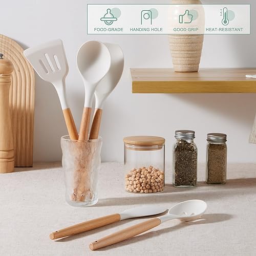 Miniatura 5 de E-far Juego de utensilios de cocina de silicona, resistente al calor, 446 , juego de 10 utensilios de cocina con mango de madera para utensilios de