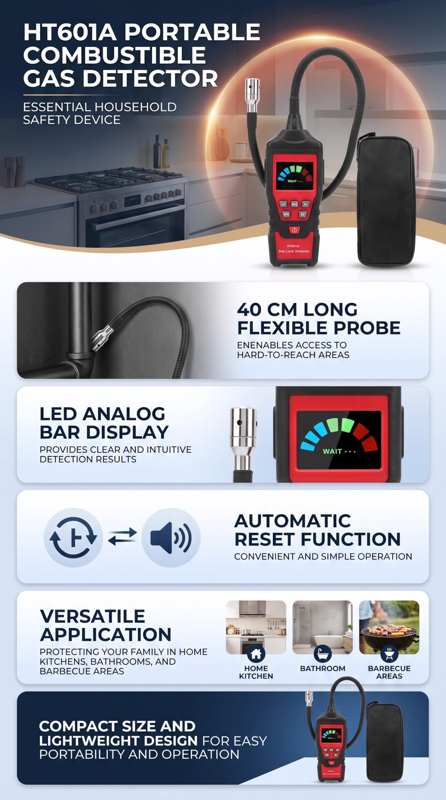 HT601A Portatile LED Kane Analizzatore di Gas di Combustione Parti, Rilevatore di Gas Combustibile Analizzatore di Perdite di Gas Naturale Misuratore di Perdite di Gas