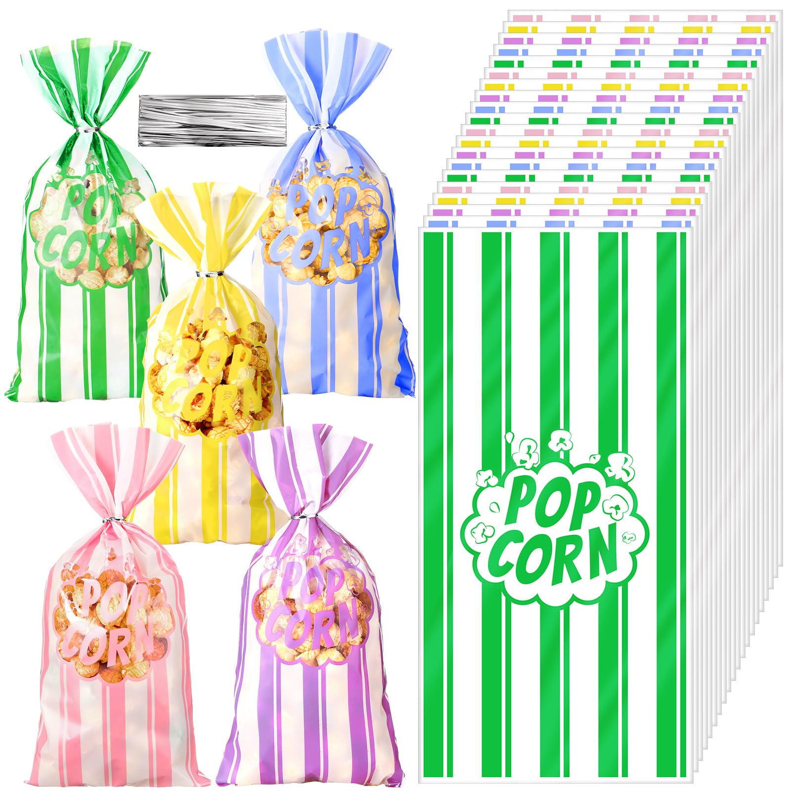 200 Pcs Halloween Popcorn Bags Bulk, Pastel Striped with Ties