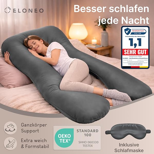 ELONEO NEU Seitenschläferkissen mit Bezug | Stillkissen | Schwangerschaftskissen XXL | Pregnancy Pillow | Komfortkissen für die Schwangerschaft | Lesekissen waschbar, anthrazit - 2