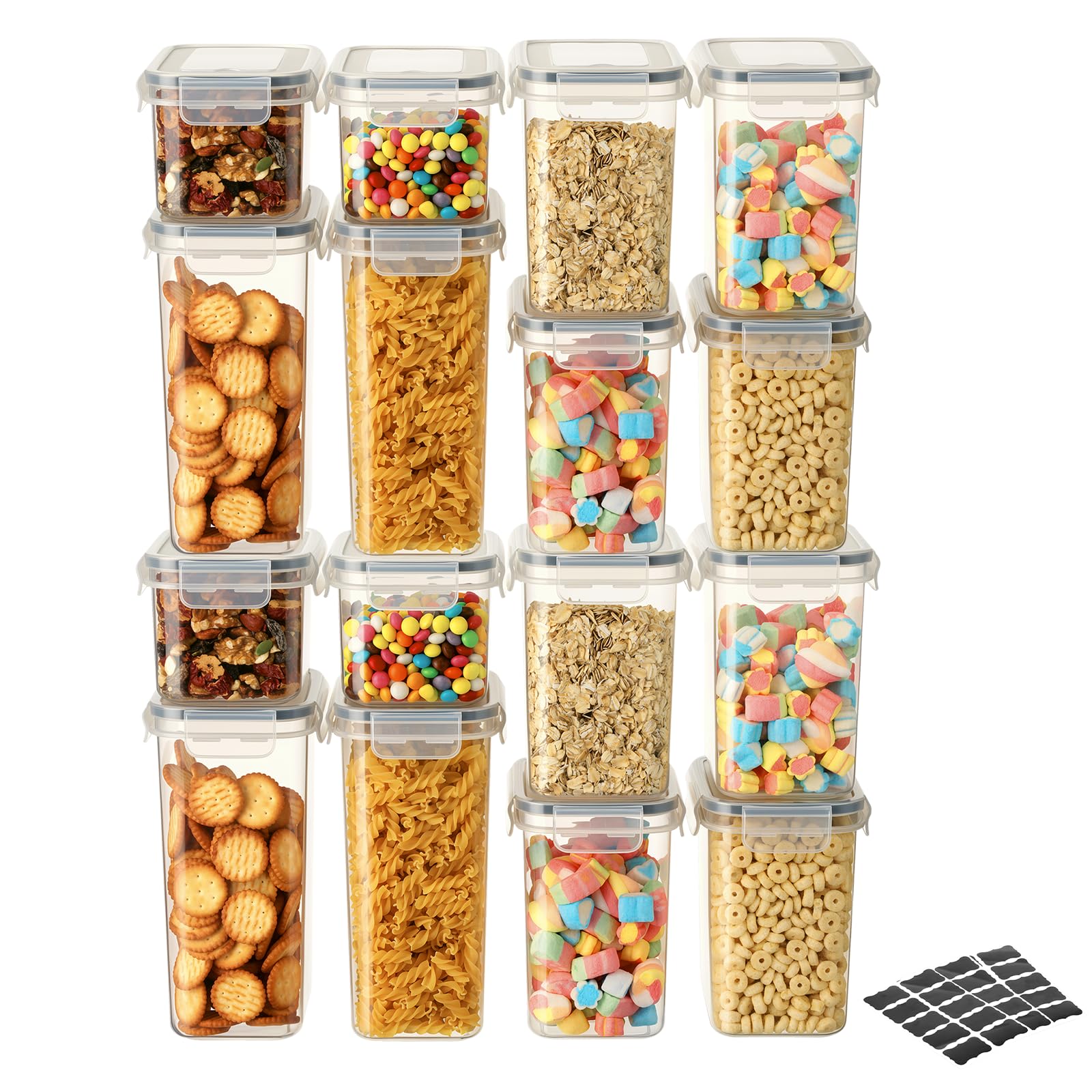 VINATO Juego de 16 Botes de Cocina Almacenaje, Recipientes Herméticos para Alimentos con Tapa, Organizador de Cocina para Pasta, Cereales y Harina, Apilables Sin BPA, +24 Etiquetas