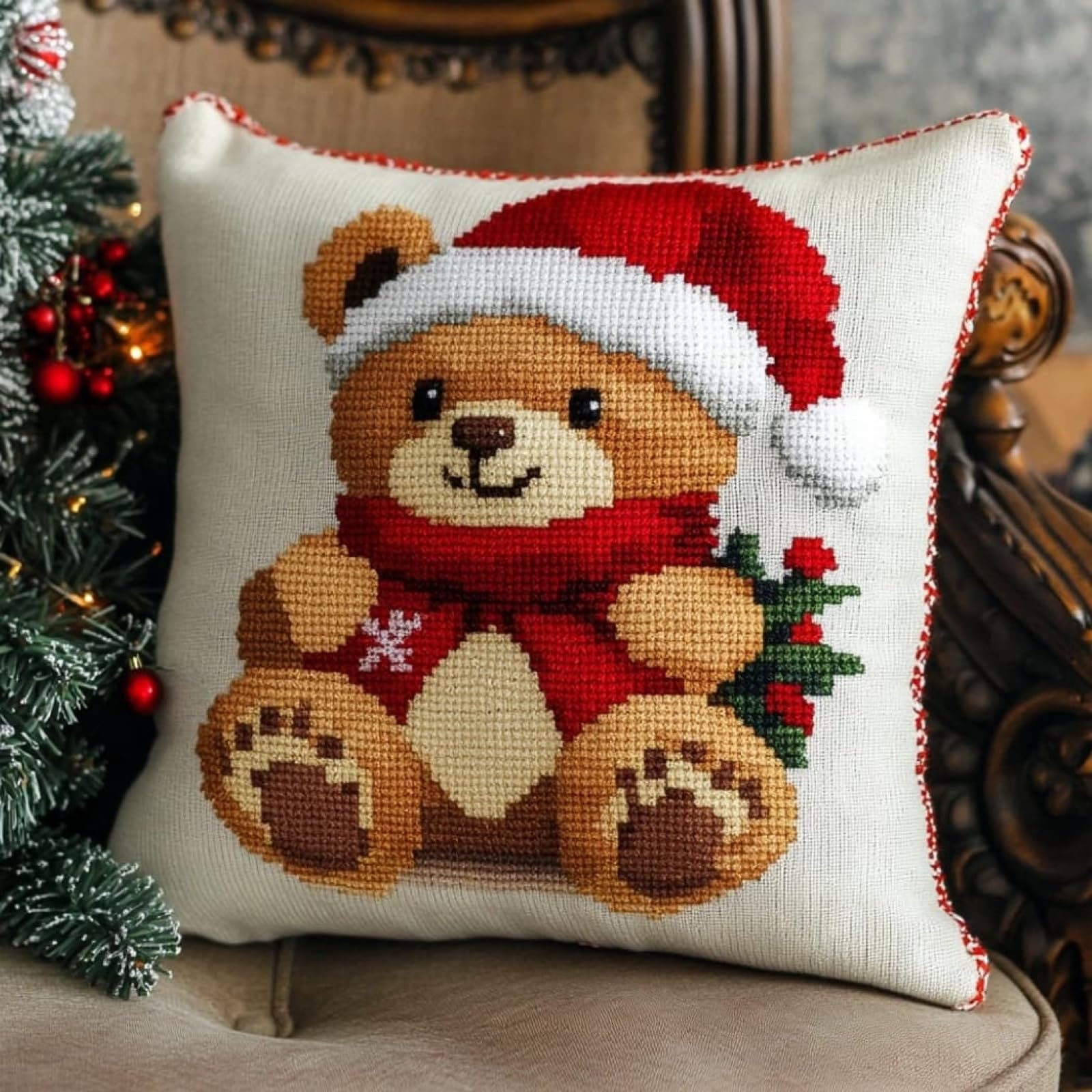 WallustrioaW Stamped Cross-Stitch Pillow Kit,Christmas Bear,Cushion Needlework Kit with Embroidery Pattern on Cotton Canvas Holiday,Gift 18x18in
